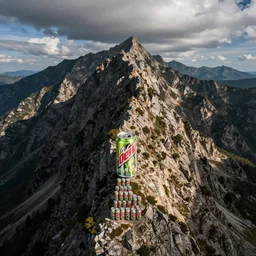 photograph of a mountain of mountain dew cans, wide angle, drone shot