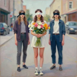 photograph of still from music video, women wearing blindfold, flowers, street clothes, full figure portrait painting by martine johanna, ilya kuvshinov, rossdraws, pastel color palette, 2 4 mm lens