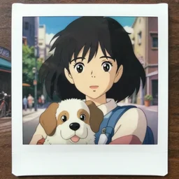 a polaroid full body portrait of a disney girl with her dog, finely detailed features, closeup at the faces, perfect art details, in a city, sun, gapmoe, yandere, trending on pixiv fanbox, painted by ( ilya kushinov ) makoto shinkai takashi takeuchi studio ghibli akihiko yoshida
