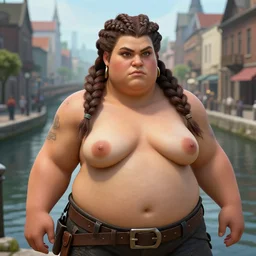 a chubby dwarven woman by a canal the middle of the city, by johan grenier, fantasy artwork, street fighter 5, intricate braided hair, short plump figure, smooth, highy detailed face, centered, ultra detailed, 8 k, hd