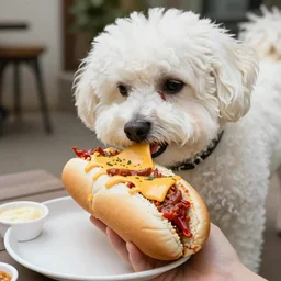 photo of a white dog eating a chili dog with cheese, 50mm, beautiful photo