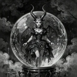By Tom Bagshaw, ultra realist soft painting of a curiosities carnival by night, very beautiful demon horn female dollpunk in full gothic dress transparent glass sphere, symmetry accurate features, very intricate details, omnious sky, black and white, volumetric light clouds