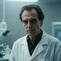 an ultra realistic cinematic headshot portrait of an evil scientist, stood in a lab, foggy, detailed, deep focus, movie still, dramatic lighting, by werner herzog