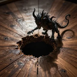 a hole in a wooden floor, a dream demon. lurks within, reaching out to the waking world
