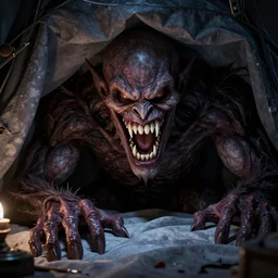 detailed physically based render of the grinning evil monster 👹 with huge sharp fangs, under your bed 🛌 , style of Todd McFarlane, Tim burton, John carmack, cinematic, epic composition, subsurface scatter