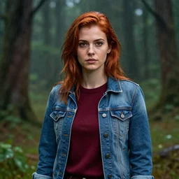 an insanely detailed realistic depiction of beautiful jodi from stardew valley standing in the rainy forest wearing burgundy sweater under blue denim jacket, auburn hair, pretty brown eyes, in the style of peter mohrbacher, artgerm, dramatic lighting and composition, octane render, trending on artstation, concept art 8 k