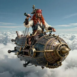 A sky-pirate with long red hair on his steampunk airship in the clouds