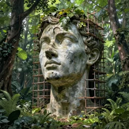 abandoned portrait human face and neck pose, covered with scaffolding standing in a gorgeous green oasis, baroque painting, dream - like heavy atmosphere, surreal abandoned buildings, beautiful detailed intricate insanely detailed octane render trending on artstation, 8 k artistic photography, photorealistic, chiaroscuro, raphael, caravaggio