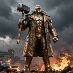 Captain Colossus, a DC Comics superhero who is 25 feet tall, made of bronze, carrying a sledgehammer, and wearing a trenchcoat. The sky is dark and cloudy; backlighting is from a burning car in the background. Hyperrealistic 8k octane render trending on artstation gaspar noe