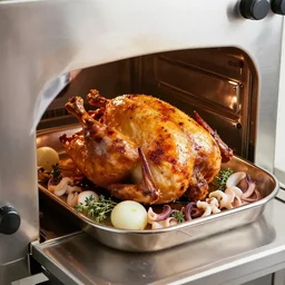 a perfect photograph of a mechanical man roasting like a chicken in a giant oven, garnished with squid, dog, thyme and onion.
