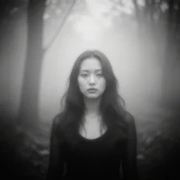 beauty of dead evil, in the misty wood, pale light, pinhole camera effect, lomography effect, analogue photo quality, monochrome, blur, unfocus