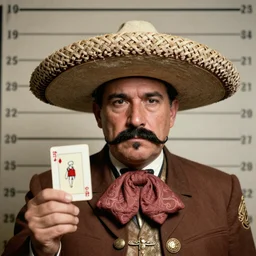wild west era mugshot of a mexican gunslinger with a handlebar moustache, displaying a power card to the camera