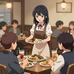 A waitress serves food and drink to a group of tavern patrons. Fantasy anime, digital art by WLOP. The waitress is cute and short with long black hair.