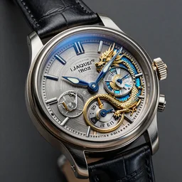 a steampunk JAQUET DROZ PETITE HEURE MINUTE RELIEF DRAGON, highly detailed illustration highlights, gold and silver highlights, neon blue highlights, macro photography, F/2.8, trending on artstation, octane render