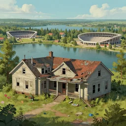 photo the last us environement part 2 abandoned houses university bill's bar lakeside courthouse stadium 4 k rtx hdr concpet studio matte painting digital illustration fanart artstation by eytan zana and balazs agoston, jad saber and aaron limonick and pablo dominguez and florent lebrun and robby johnson