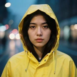 detailed and realistic head portrait photography of a woman wearing a yellow raincoat with hoodie. Cinematic. City lights in the background. Lens flare. Portra 800 film. Helios 44m