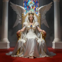 fantasy painting of throne room with red ground and the queen sit with long dress and ritual summun guardian angel gemstone incrusted in crown and white colone like greek temple volume lighting dark fog ray stained glass artstation fanart
