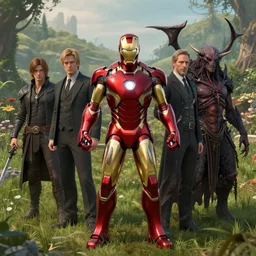 portrait of marvels ironman by hr giger, greg rutkowski, luis royo and wayne barlowe as a diablo, resident evil, dark souls, bloodborne monster, elden ring creature : : in a garden, grassy field, large field in the background