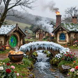 spring festival at medieval hobbit village, ornate, beautiful, atmosphere, vibe, mist, smoke, fire, chimney, rain, wet, pristine, puddles, waterfall, melting, dripping, snow, creek, lush, ice, bridge, stew, loaves, green, stained glass, forest, roses, flowers, color page, 4 k, contest winner