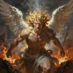 oil painting of a wrathful archangel Michael with fluffy blond curls of hair and piercing eyes, with scintillating holy radiance and luminous eyes, against a hellish flaming battlefield and a lot of smoke, darkart, hyperdetailed, hyperealistic, cinematography, 16k, 3D, Artstation, Deviantart, very beautiful