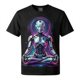 photo of a black tshirt with a hyperdetailed futuristic trippy cyberpunk meditating robot head, 8 k, symetrical, flourescent colors, multicolored tshirt art,