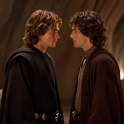 breathtaking movie still from Star Wars: Episode III - Revenge of the Sith of Anakin Skywalker and Chancellor Palpatine looking into each other\'s eyes romantically. They are in love.