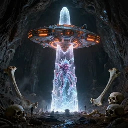 translucent neon obelisk, super radiating alien spaceship with orange mecha leds, spiky lopsided ferrofluid creature in the center of the decrepit ultra dark underground cave by ross tran and ivan aivazovsky. skulls, big bones, eerie, hyper dark tone. by beeple beksinski. surreal architecture architecture architecture, bizzare landscape, precisionism precisionism precisionism, dark souls!!!!