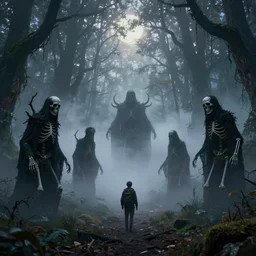 spectres in the enchanted forest covered by foggy clouds of mist, twilight, dreamy sequence, macabre spectacle, skeletal figures, curious, lone traveller, octane, unreal 5, cinematic, vfx, uhd, intricate detail, hyperrealist, sharp, photoshop, polished, edited