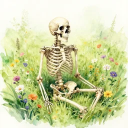 skeleton on a meadow surrounded by flowers, watercolor
