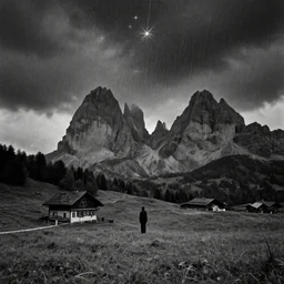cloudkrampus, dolomites, pastures, alps, alp, star rain, dark, eerie, despair, 1 9 2 0 s photography, black and white, grainy, eerie, artstation, highly detailed, sharp focus, by cronneberg