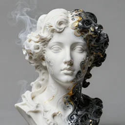 fluid simulation, octane render, female model face photography, smoke sculpture, intricate swirly patterns, beautiful female face melting, color mix in white paint, white carved abstract sculpture, black mineral quartz sculpt, swirly curls fractal gold, abstract white fluid, golden edges and fractals, wasili kandinski, artstation, render, cinematic light, art noveau fresco ink, renessaince paint, liquid acrylic painting
