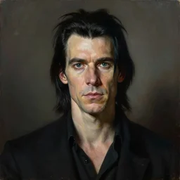 a portrait of nick cave, masterpiece, dramatic lighting, painting by caravaggio and ruan jia and daytoner