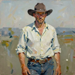 abstracted john wayne painted in extremely thick, glazed impasto splatter paint, in muted color's, in impressionist styles