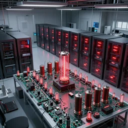 an immaculate octane redshift render of the nexus between a vast modern computing center and an alchemist's lab with exposed circuit boards, nixie tubes and tesla coils by Zdzisław Beksiński and beeple, beautiful modern colors, ultradetailed, 4k ultra