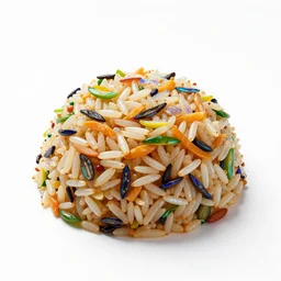 holographic fried rice, high detail macro photography, isolated on a pure white background, centered, entire object in frame, sharp focus, soft studio lighting