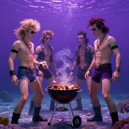 a portrait photograph of punks having a barbecue in the ocean underwater, purple color scheme, studio light photography 1 9 8 0, 4 k, unreal engine, octane render, by david lachapelle, trending on artstation,
