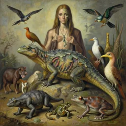 realistic detailed photo rendered in octane 3d , reptiles, mammals, birds, and amphibians could represent the internal unity of all beings, late 80's, by Francis Bacon , by H.R. Giger, by Ayami Kojima, Amano, Karol Bak, Greg Hildebrandt, and Mark Brooks, Beksinski painting, art by Takato Yamamoto