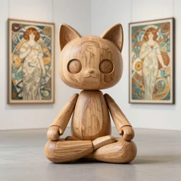 8k octane render ultra photorealistic detailed a wooden sculpture art toys wooden on feet very cute robot with cat ears zen meditation a on contemporary art gallery and néo Paris by Alphonse Mucha and Artgerm