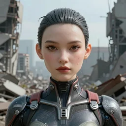 Abstract tech, Ultrarealist aesthetic detailed face, portrait of a dollpunk wearing a bodysuit, in front of a ruined city, epic exquisite character art, focus, looking at camera, accurate symmetric features proportions, golden ratio, ultra intricate details, award winning, unreal render