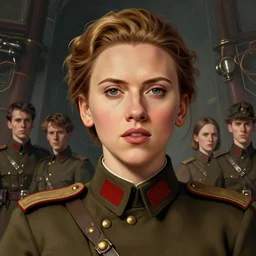 portrait of scarlett johansson playing role of young soviet revolutionary leader nadezhda krupskaya, colourised, face portrait, epic, tragic, military art, fantasy, dieselpunk, hd shot, digital portrait, beautiful, artstation, comic style, by artgerm, guy denning, jakub rozalski, magali villeneuve and charlie bowater