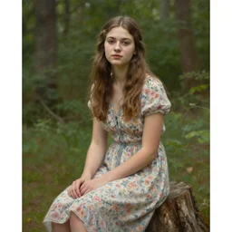 portrait painting of an attractive young lady wearing a floral dress sitting on a treestump in the woods, by Peter Andrews Jones, natural light, detailed face, 8K