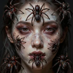 a human face made of different spiders, detailed, creepy, scary