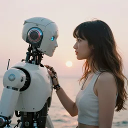robot love at first sight, dreamy, photorealistic filmed on 35mm, high quality