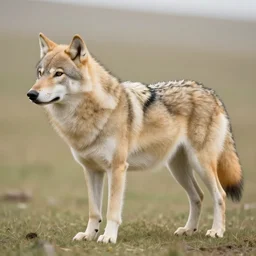 professional full - body digital art of the entire side view of a slightly fluffy light tan tibetan wolf with light brown accents, hd, highly detailed, high quality, wild, nature