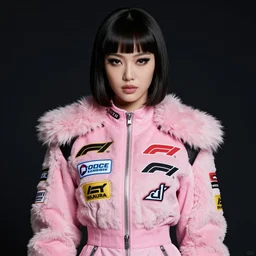 youthful asian female blade runner demure, perfect mascara, exquisite features, feminine cut, frontiers in flight pink fur jumpsuit, completely covered in f 1 racing team brand logos