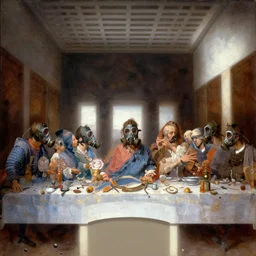 the last supper in gas masks, fantasy atmospheric lighting, digital painting, hyperrealistic, cozy, natural light, volumetric golden dappled dynamic lighting, highly detailed, sharp focus, elegant, by michael komarck, greg rutkowski, victo ngai, artgerm, willem claesz heda and j. dicken