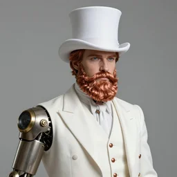 a upper body portrait of a man with a copper beard wearing a white top hat and white suit with copper buttons, the left arm a steampunk prosthetic realistic, hd hiperdetaled