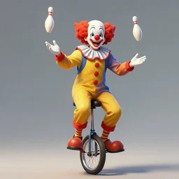 funny clown riding a unicycle while juggling bowling pins, concept art, illustrated, highly detailed, high quality, bright colors, optimistic,