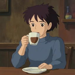 Woman drinking coffee, Studio Ghibli still
