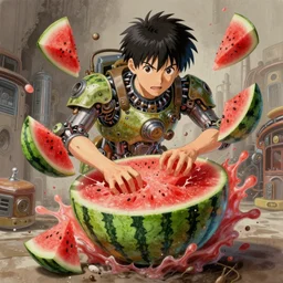 semi reallistic gouache gesture painting, by yoshitaka amano, by ruan jia, by conrad roset, by dofus online artists, detailed anime 3 d render of an watermelon exploding in hundred of pieces, portrait, cgsociety, artstation, rococo mechanical, digital reality, sf 5 ink style, dieselpunk atmosphere, gesture drawn